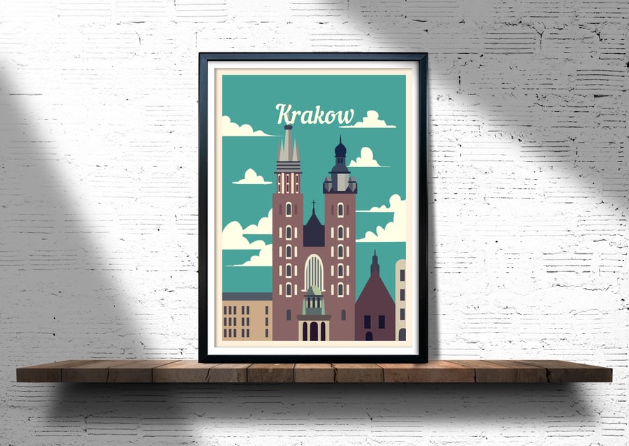 Krakow retro travel poster, Krakow print, Poland travel poster