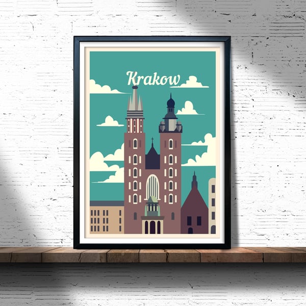 Krakow retro travel poster, Krakow print, Poland travel poster