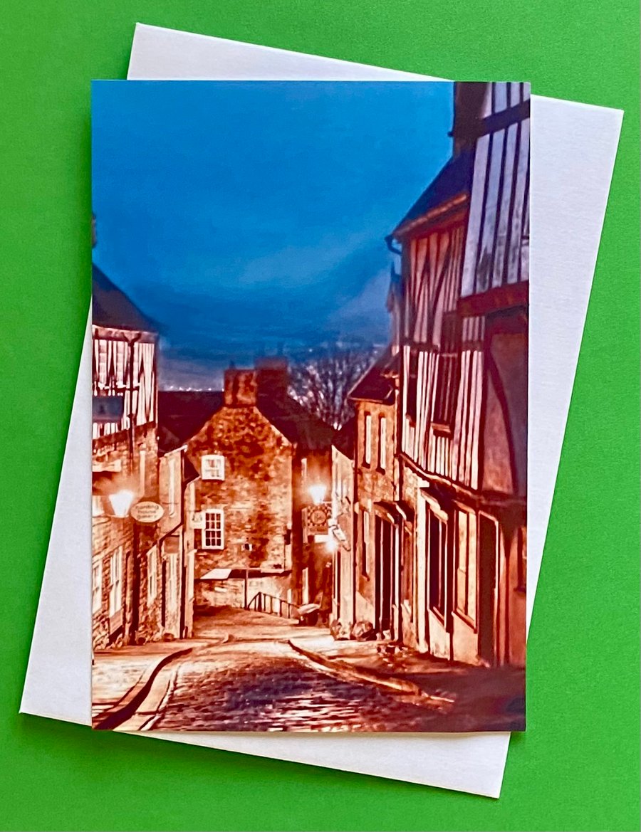 Steep Hill Lincoln at Night - Photographic Print Greetings Card