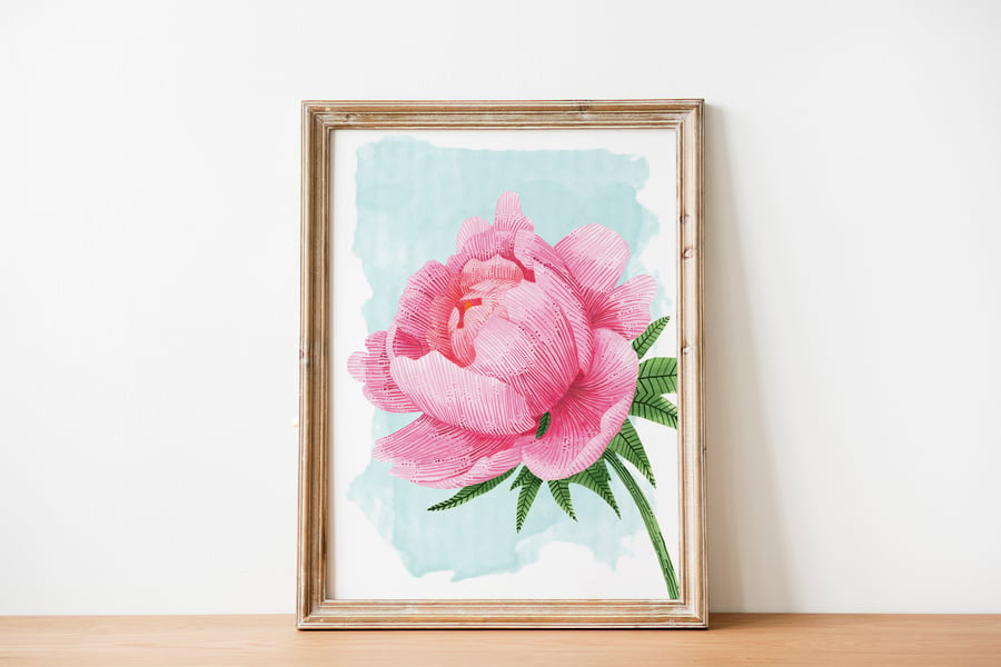 Pink peony flower watercolour A4 print