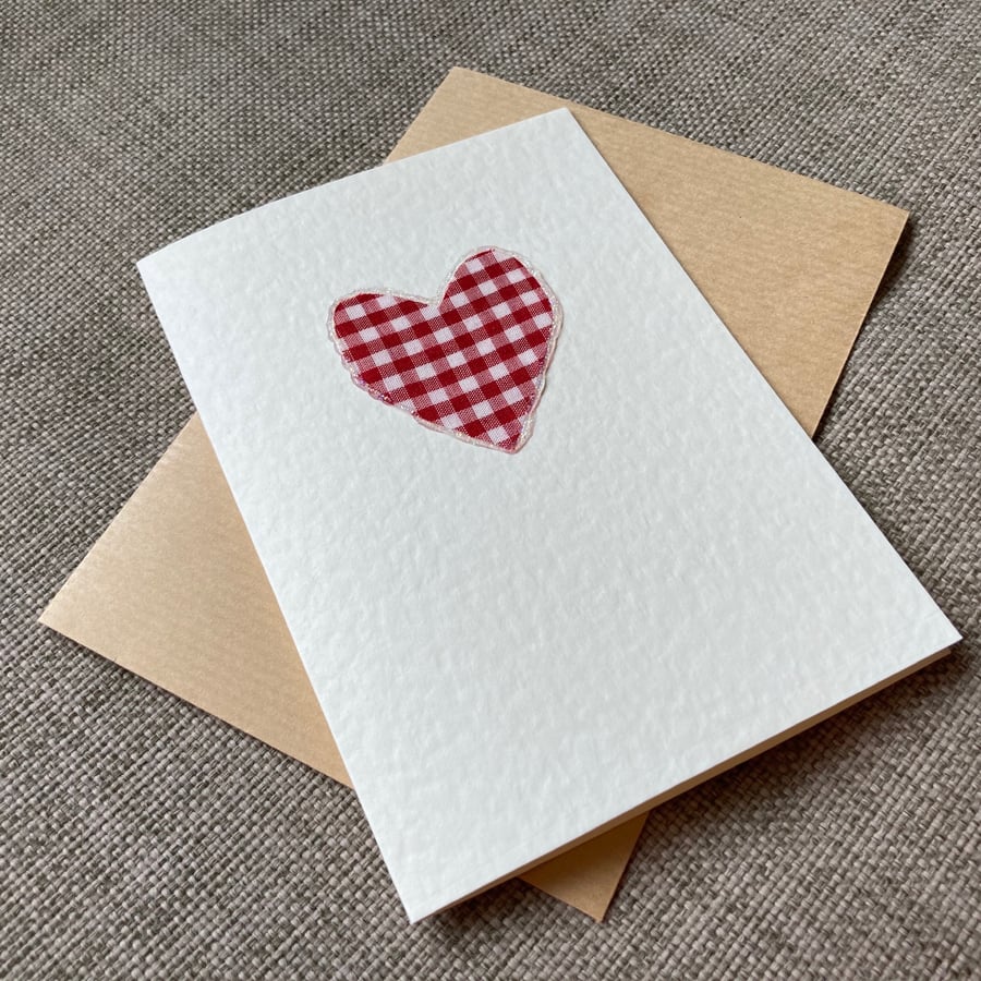 Red Gingham Heart Card, with sparkle, blank inside, love, wedding, anniversary
