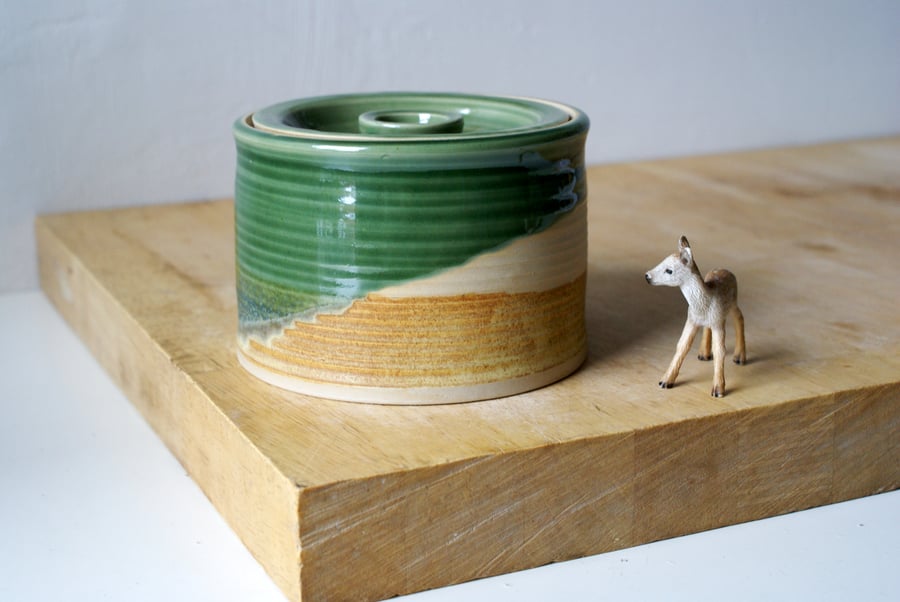 Short lidded kitchen jar glazed with cross dipped pattern