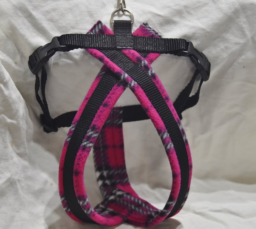 Stylish Pink Tartan Fleece Lined Dog Harness Handmade Comfort for Your Dog