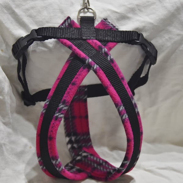 Stylish Pink Tartan Fleece Lined Dog Harness Handmade Comfort for Your Dog