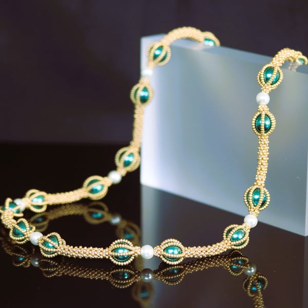 Long Gold and Green Captured Pearl Necklace