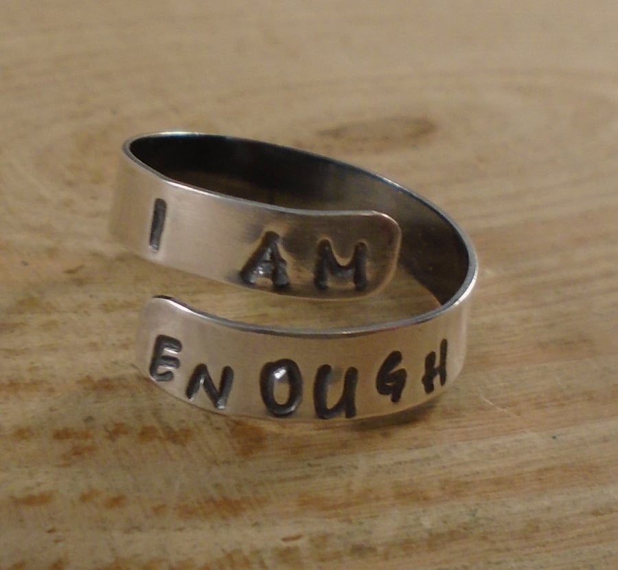 Sterling Silver Stamped 'I Am Enough' Adjustable Ring