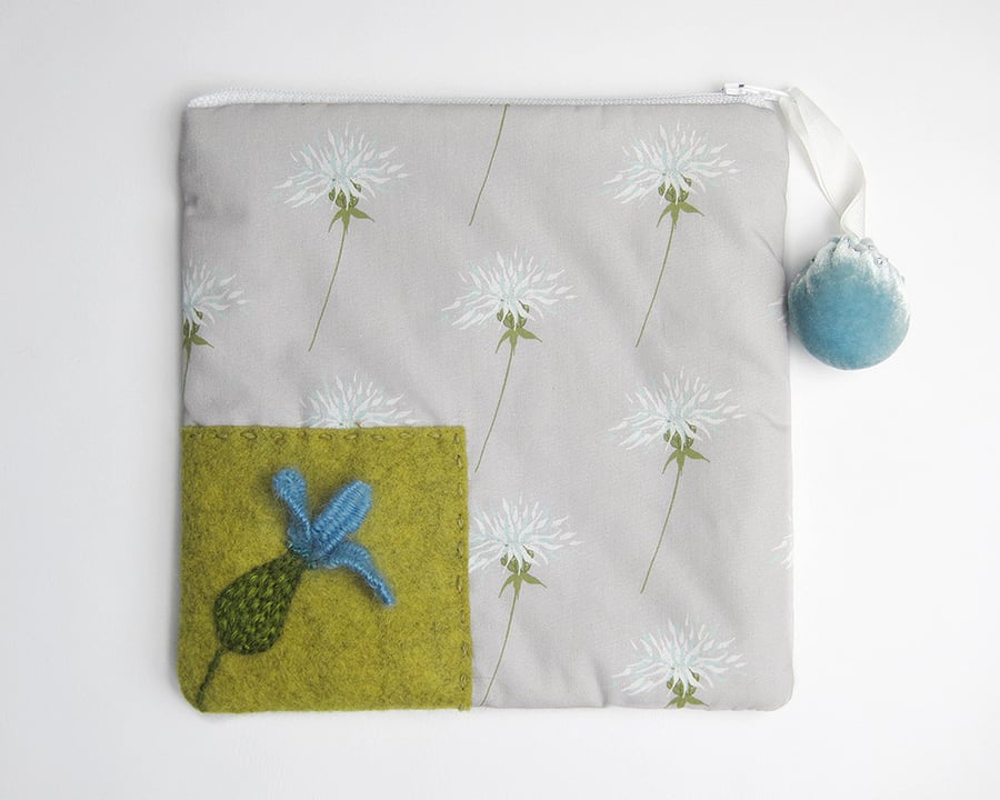 Make up bag with thistle print and hand embroidered campion flower