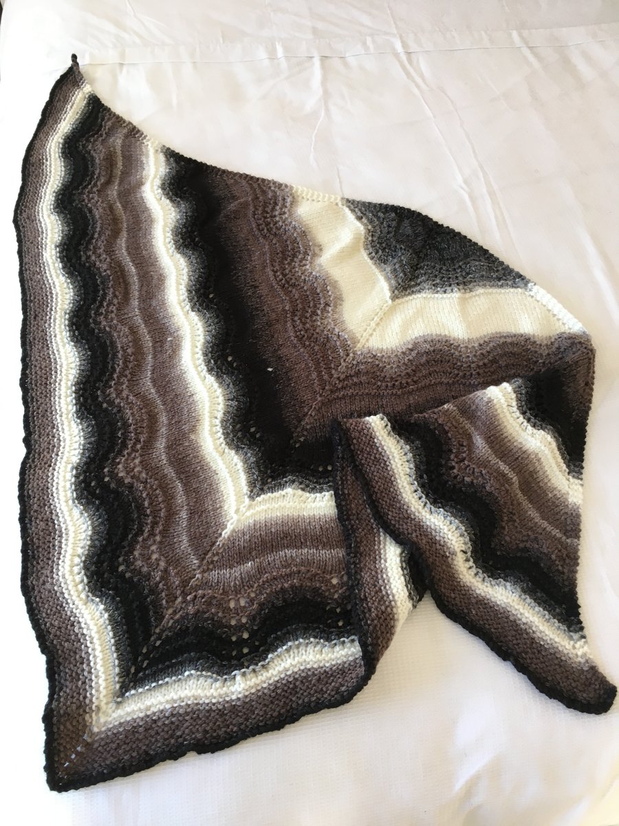 Hand knitted Old Shale Lace Shawl in Cream, Brown and Black