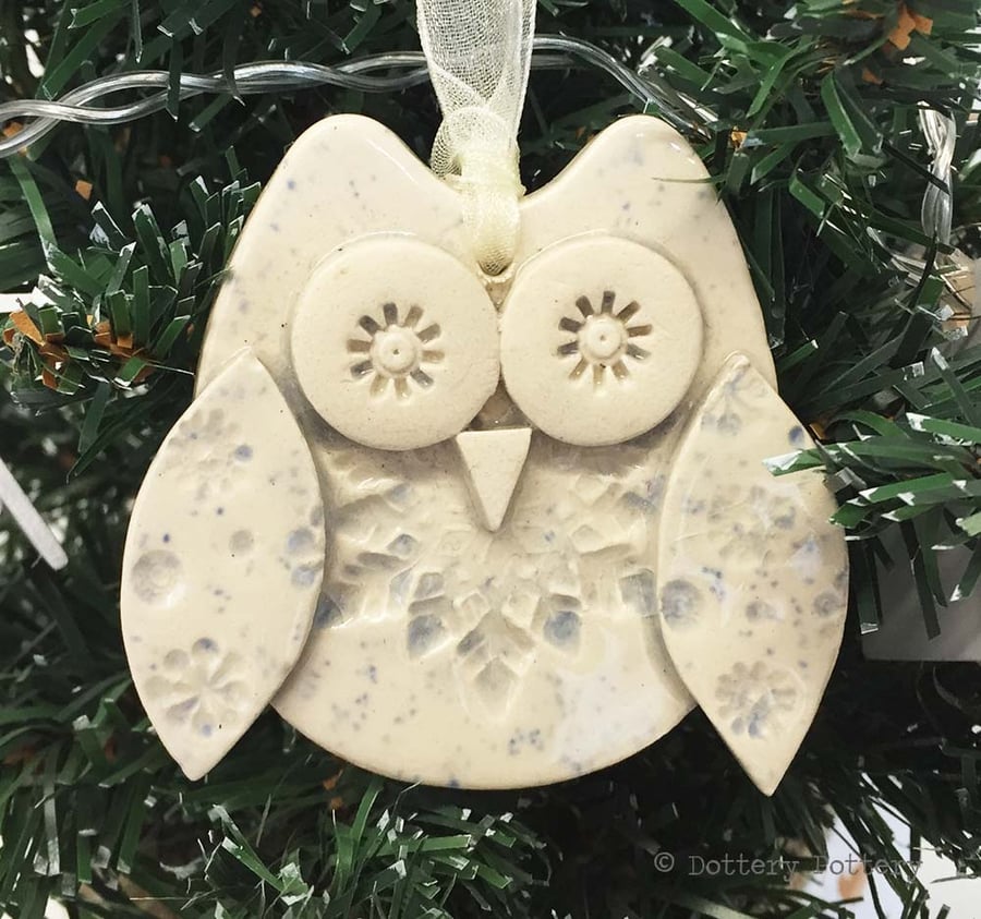 Ceramic owl hanging decoration Snowy Owl Christmas decoration Pottery owl 