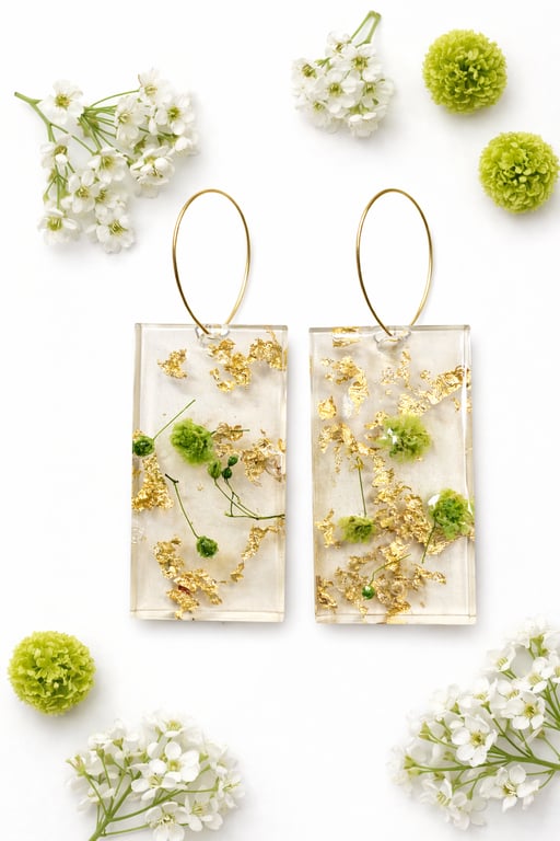 Green Flower Rectangle Resin Earrings with Gold Leaf – Botanical Statement Dangl