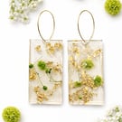 Green Flower Rectangle Resin Earrings with Gold Leaf – Botanical Statement Dangl