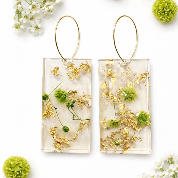 Green Flower Rectangle Resin Earrings with Gold Leaf – Botanical Statement Dangl