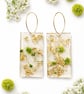 Green Flower Rectangle Resin Earrings with Gold Leaf – Botanical Statement Dangl
