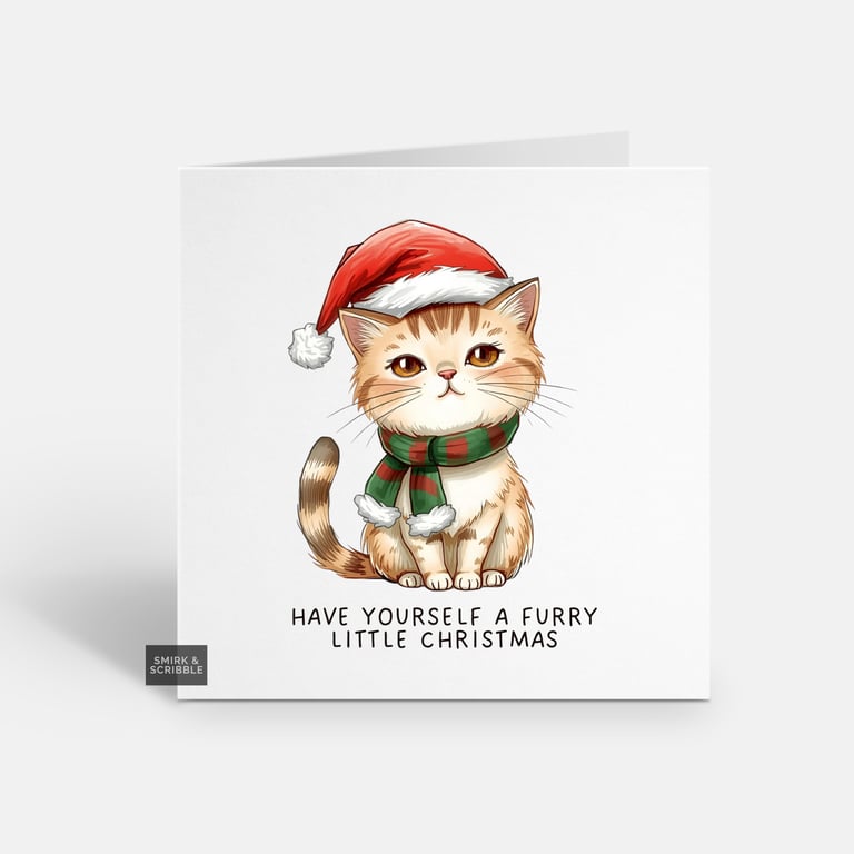 Unique Funny Christmas Card For Him Or Her - Cute Xmas Greeting - Furry Cat