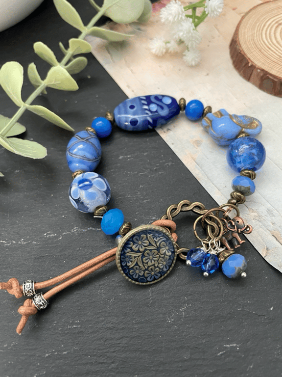 Beautiful Blue handcrafted artisan beaded glass and gemstone bohemian bracelet 
