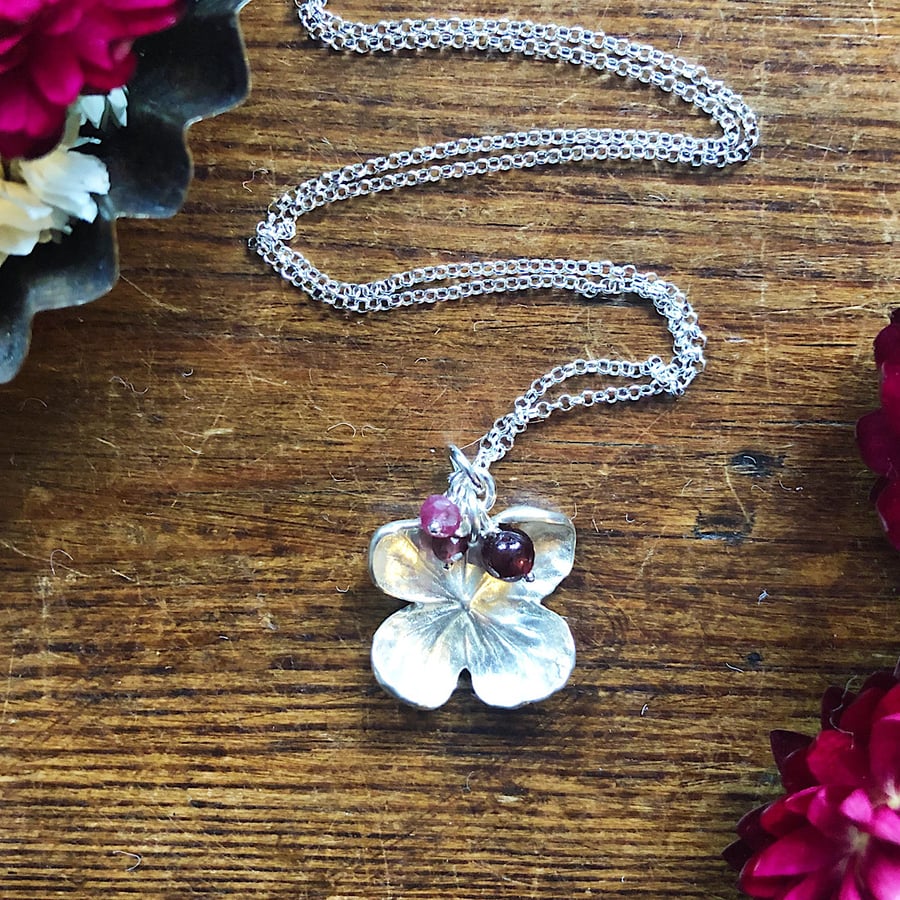 sterling silver hydrangea flower necklace with garnet and ruby
