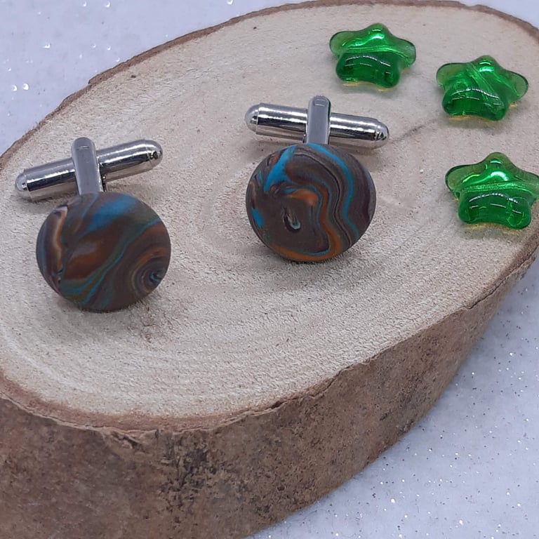 Handmade cufflinks in brown and turquoise swirl