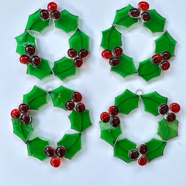 Holly Wreath Stained Glass Christmas Decoration - Handmade Window Decoration