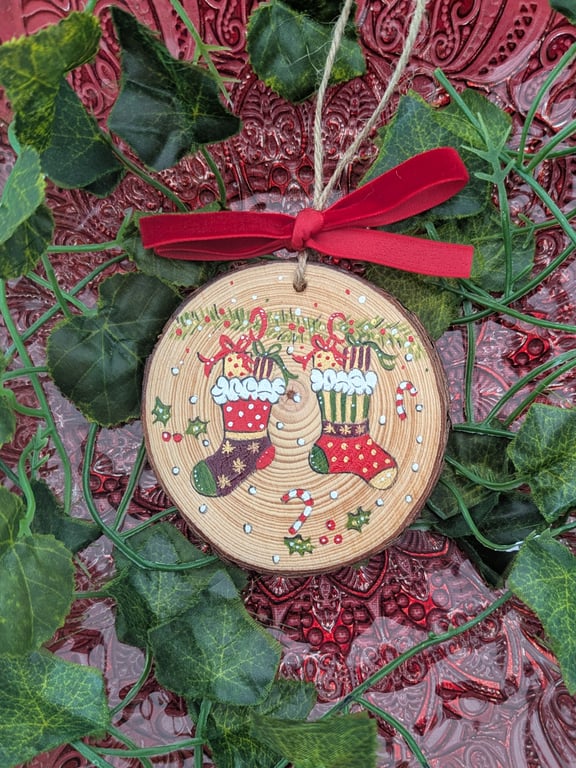 Christmas stocking hand-painted log slice Christmas decoration 