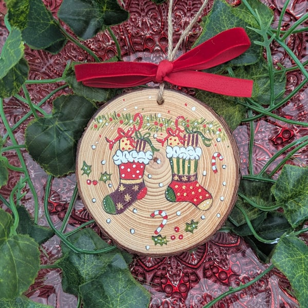 Christmas stocking hand-painted log slice Christmas decoration 