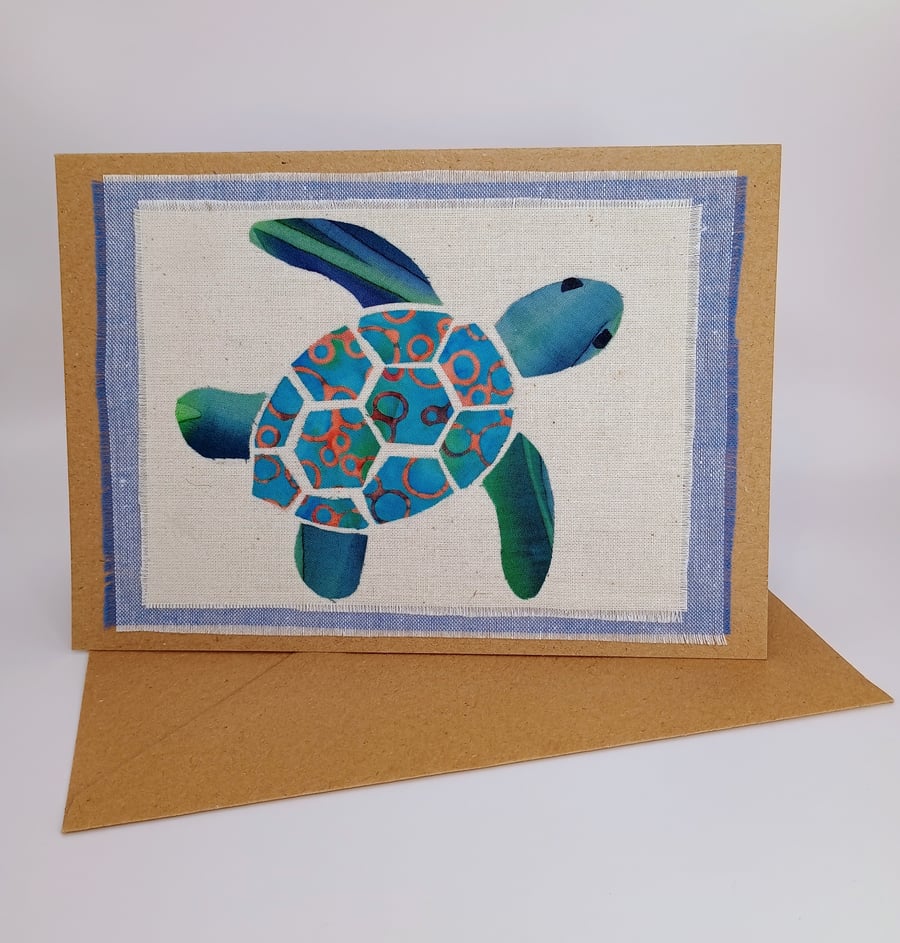 Fabric Collage Turtle Greetings Card - Birthday Card - Blank Card