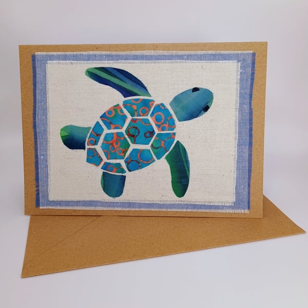 Fabric Collage Turtle Greetings Card - Birthday Card - Blank Card