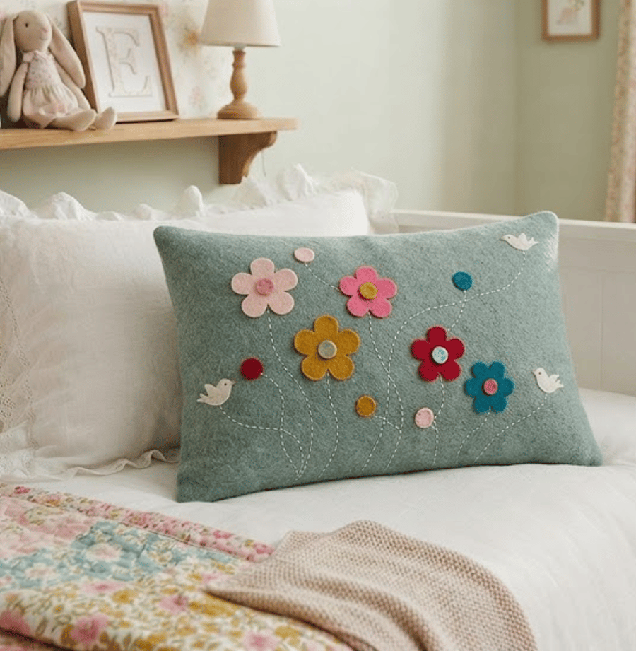 Handmade Felt Flower & Bird Cushion - Floral Throw Pillow - Nursery  Decor