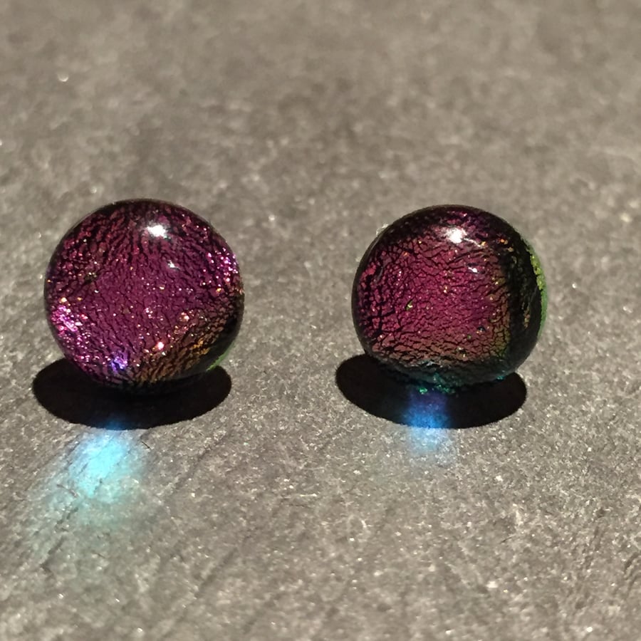 Pink stud earrings, dichroic fused glass earrings, sterling silver