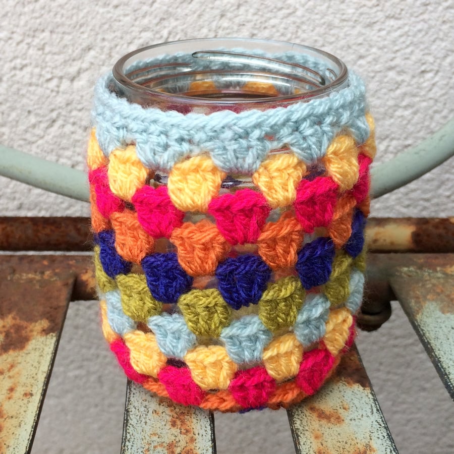 Crochet jam jar vase - blue