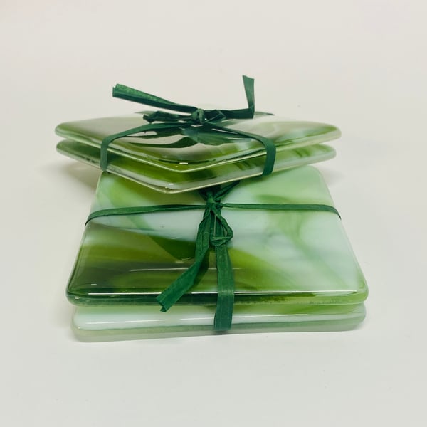 A Pair of Beautiful Green and White Handmade Fused Glass Coasters