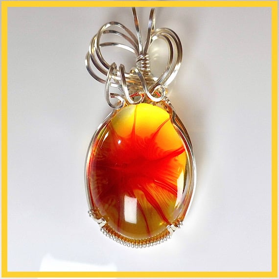 Red & Yellow Pendant, Wire Wrapped Pendant, Resin Jewelry, Unique, WP112