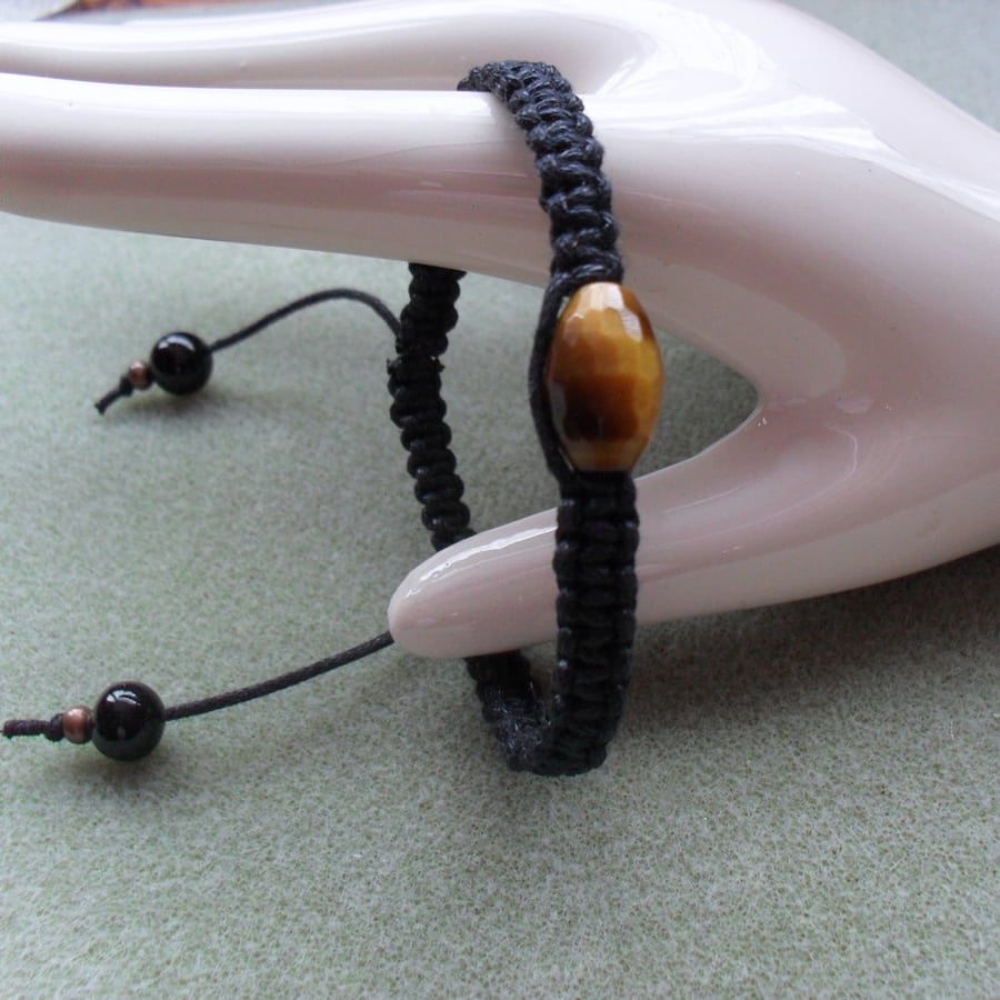 Tigers Eye Macrame Bracelet Black Cotton Cord