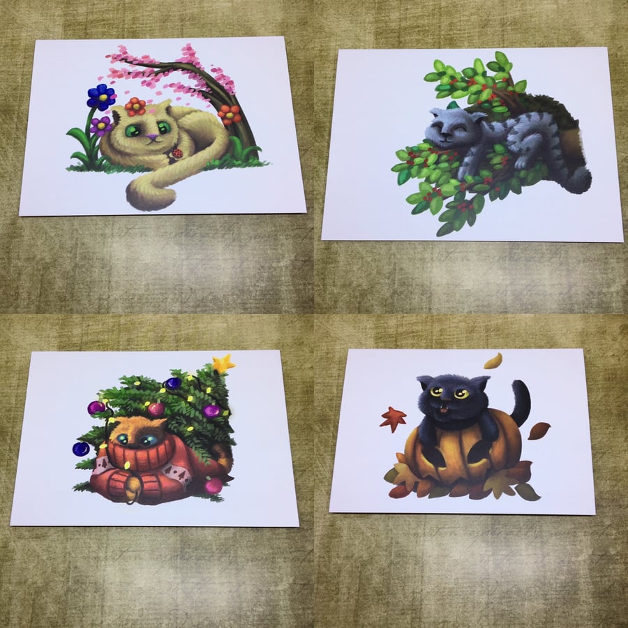 Set of 4 blank '4 four seasons' cat greeting cards