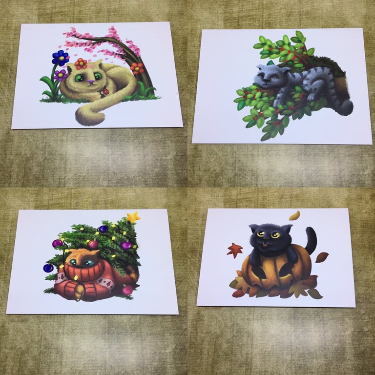 Set of 4 blank '4 four seasons' cat greeting cards