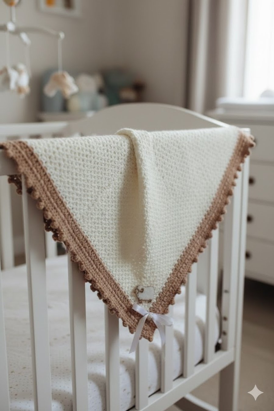Handmade Crochet Baby Blanket Cream Brown Sheep Applique Nursery Crib Throw Gift