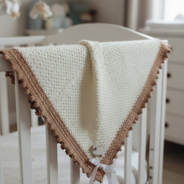 Handmade Crochet Baby Blanket Cream Brown Sheep Applique Nursery Crib Throw Gift