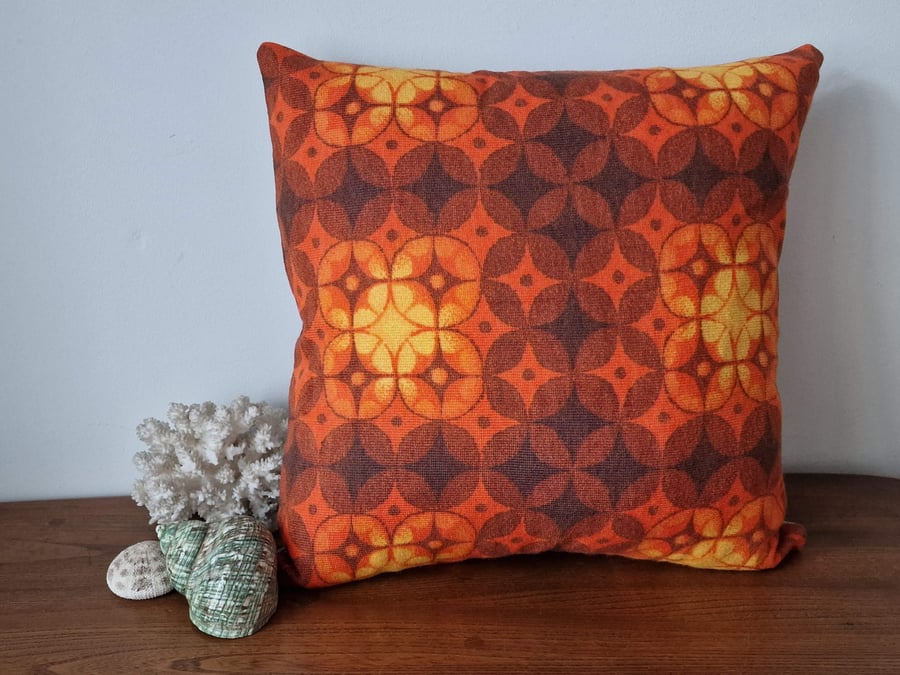Handmade geometric orange pattern cushion cover vintage 1960s 1970s fabric