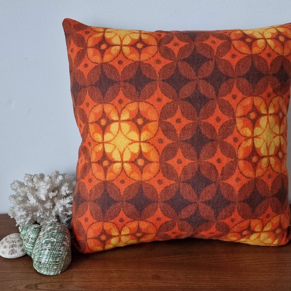 Handmade geometric orange pattern cushion cover vintage 1960s 1970s fabric