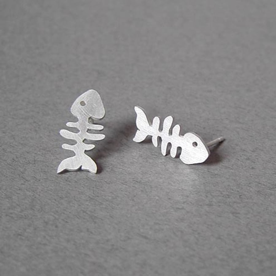 fish bone ear studs in sterling silver
