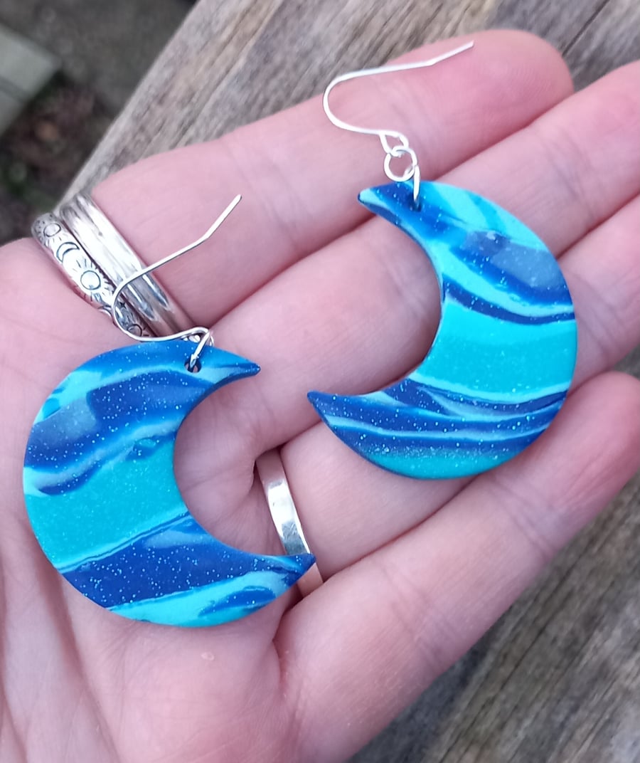 Blue Sparkle Moon Earrings 