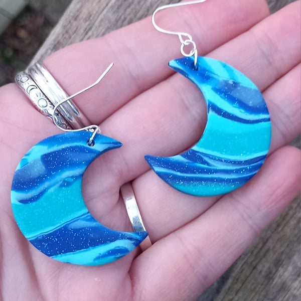 Blue Sparkle Moon Earrings 