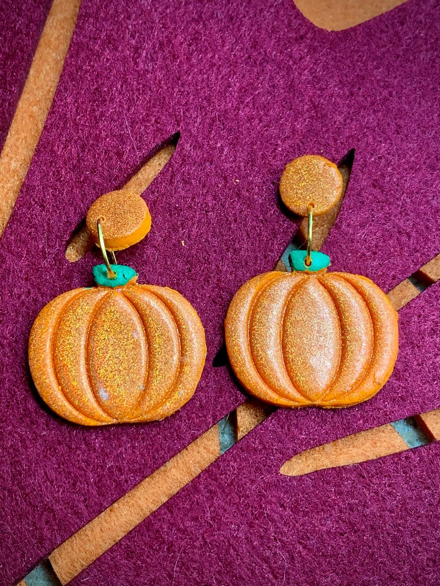 Cute Holo Glitter CLAY Pumpkin Earrings - studs or dangles, spooky halloween fun