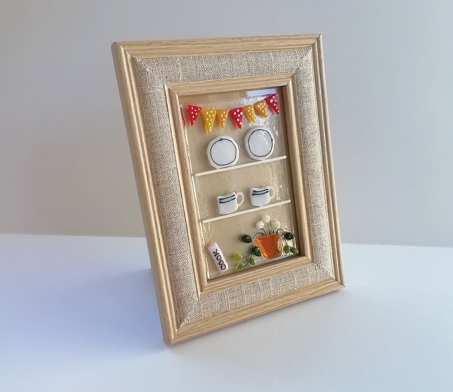 Farmhouse dresser wall art, fused glass framed art, kitchen decor, housewarming 