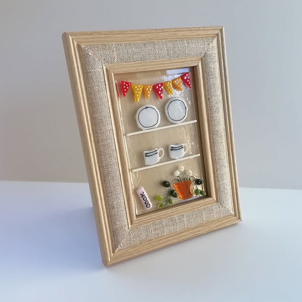 Farmhouse dresser wall art, fused glass framed art, kitchen decor, housewarming 