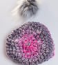 Hat crochet with handmade faux fur detachable pompom grey - Image 5
