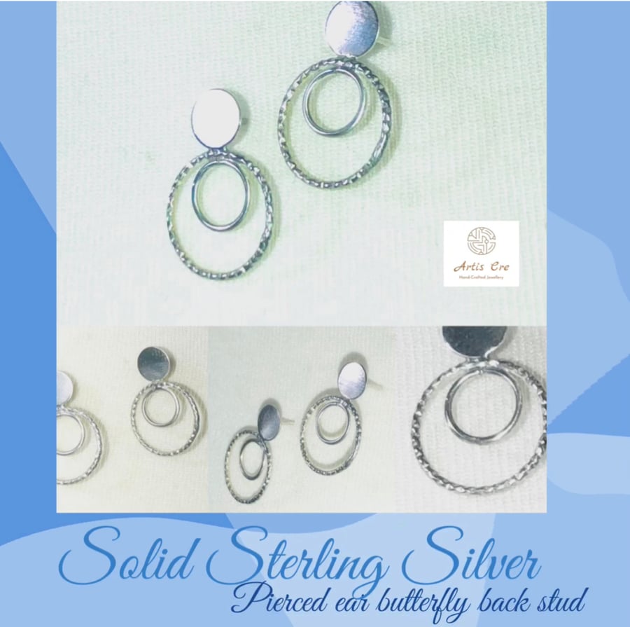 Solid Sterling Silver circle hoop stud earrings pierced ear stud drop