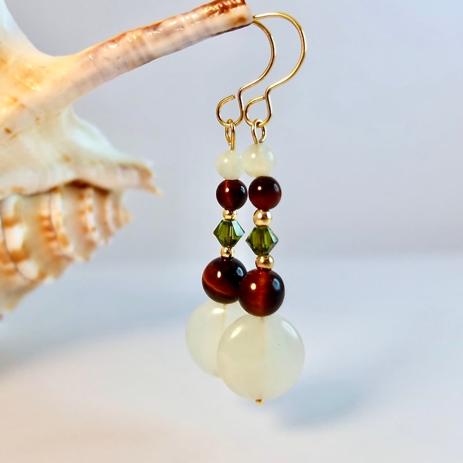 New Jade And Red Tiger's Eye Earrings - Handmade In Devon