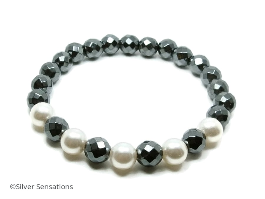 Faceted Black Grey Hematite Beads & White Swarovski Pearls Bracelet