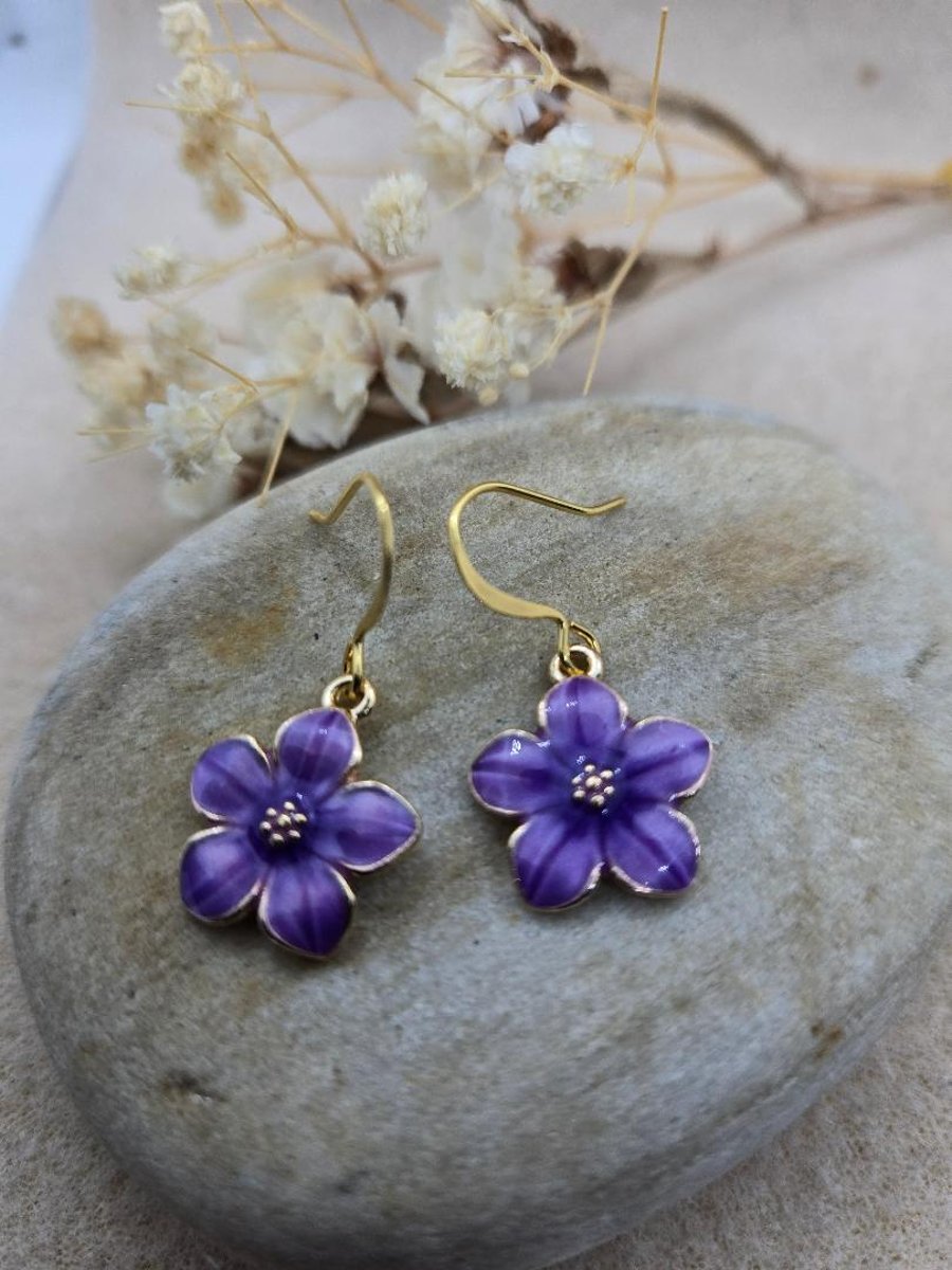 Handmade gold plated earrings with purple enameled sakura cherry blossom charm