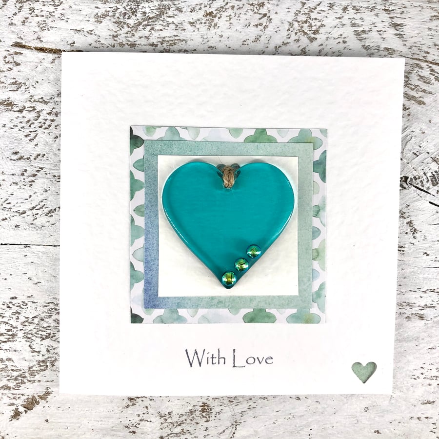 With Love Card with Detachable Turquoise Glass Heart 